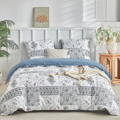 Tokokimo Bettwäsche 200x200 3teilig - Patchwork Blumenmuster Bohemi - Mikrofaser Bettbezug 200x200 für Doppelbetten mit 2 Kopfkissenbezüge mit Reißverschluss 80x80, Blau