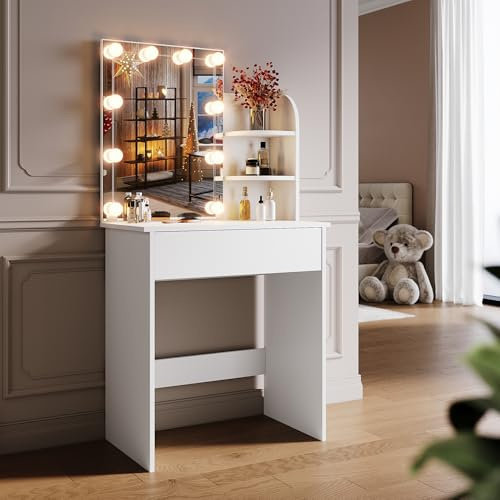 SONNI Schminktisch mit HD Spiegel, 10 LED(3 Farben), Weiß, 70x40x140cm | Frisiertisch mit Schubladen, 3 Offene Regale, 10 Helligkeitsstufen, Kosmetiktisch, Make-up Tisch für Schlafzimmer, Wohnung