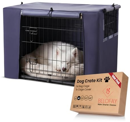 BELOFAY Dog Crate with Crate Cover | Heavy-Duty Metal 30 Dog Cage with Dual Doors, Foldable Frame, Chew-Resistant Tray & 600D Oxford Waterproof Cover with Vent Panels – Ideal for Puppy Travel