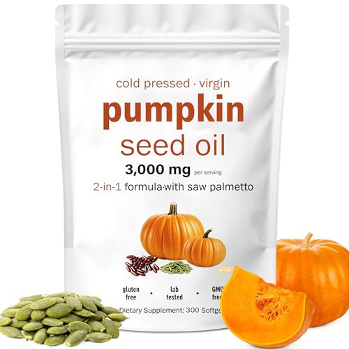 Pumpkin Seed Oil Capsules, Cold Pressed, Pure Virgin Oil, 300 Softgels Essential Fatty Acids & Phytosterols, 100 Days Supply Benefits for Hair Health, Non-GMO