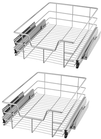 GREENSAPPIRE Pull-Out Telescopic Kitchen Basket Drawer Fits 40cm Cabinets (37cm Internal Width) | Chrome Finish | Full Extension | Heavy-Duty 20kg Load | Space-Saving Storage Organiser (2PC)