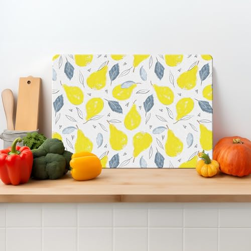 Glass Chopping Board – Textured Tempered Glass Worktop Saver – Botanical Bright Pear – 39 x 29cm – Non Slip, Easy Clean