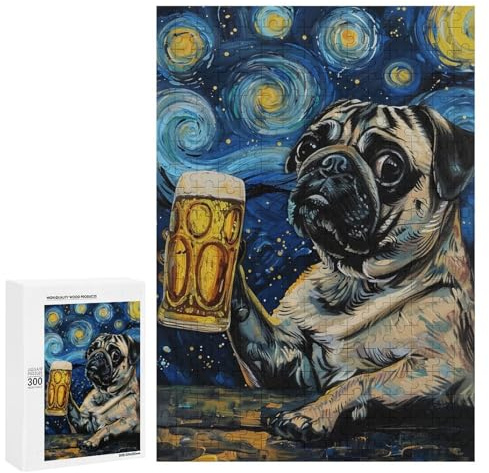 Pug with Beer Mug Art Print Puzzle 1000 Teile Schwer Puzzle Spielzeug Lernspiel Impossible Herausforderungsspielzeug Für Erwachsene Kinder 300 PCS