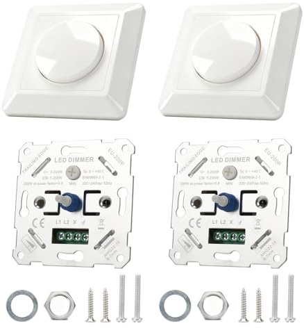 2 pcs Dimmer Schalter LED 220-240V, Dimmschalter mit Drehknopf Universeller 5-200W Dimmer für LED-Lampen, Lichtschalter Dimmbar Drehdimmer Weiß für Schlafzimmer Wohnzimmer