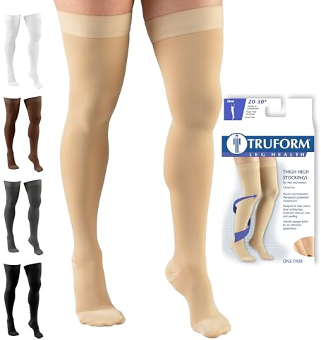 Truform 20-30 Mmhg Compression Stockings for Men & Women, Thigh High Length, Dot Top, Closed Toe, Beige, Medium
