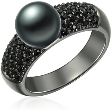Valero Pearls Damen Perlenring aus geschwärztem 925/- Sterling Silber | Süßwasser-Zuchtperle,Pfauenblau,Perlengröße 8-9 mm,Buttonförmig,Zirkonia,schwarz,Damenring,Silberring,mit Pavékranz,Ring
