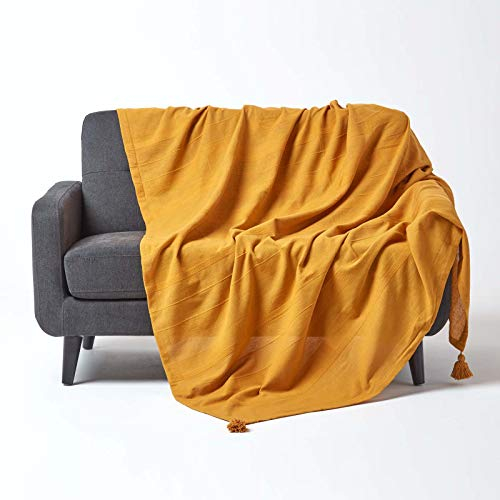 Homescapes extra große Tagesdecke Rajput, senfgelb, Wohndecke aus 100% Baumwolle, 255 x 360 cm, Sofaüberwurf/Couchüberwurf in RIPP-Optik