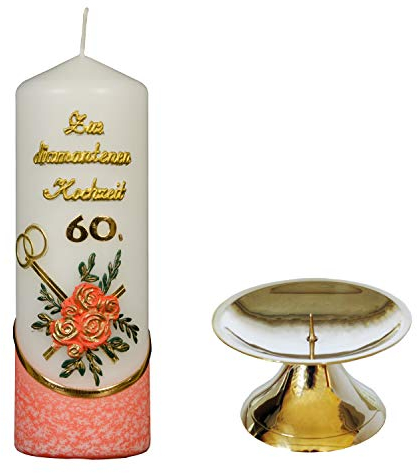 Auswahl * Stumpenkerze ''Zur Diamantenen Hochzeit'' * 6 x 18 cm * orange * mit farbigen Wachsauflagen * (Motiv 004) * mit Kerzenständer aus Messing * Auswahl Motiv + Farbe