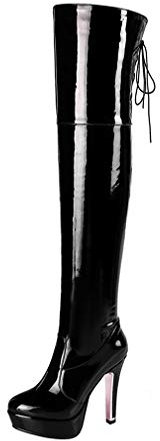 MISSUIT Damen Lack Overknee Stiefel High Heels Plateau Stiefel Stiletto Langschaftstiefel Schnürung Herbst Winter Schuhe (Schwarz,39)
