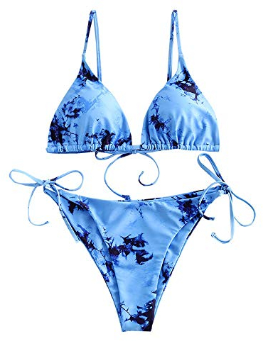 ZAFUL Gepolsterte Bikini Set, Tie-Dye-Druck Spitze Dreieck Cup Niedrigtaile gebundene Badeshorts (A-tie dye blau, S)