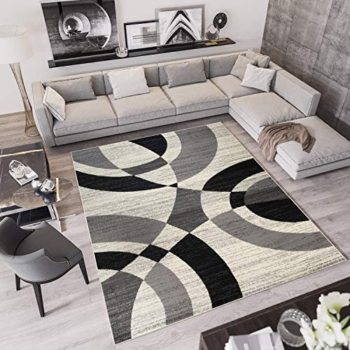 TAPISO Qmega Teppich Kurzflor Meliert Grau Creme Schwarz Kreise Wellen Abstrakt Muster Designer Modern Wohnzimmer Schlafzimmer ÖKO-TEX 300 x 400 cm
