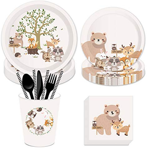 FAIRYRAIN Woodland Animals Birthday Party Supplies Decorations Set ncluding 8 x 9 Plates, 8x 7 Plates, 8x9 Oz Cups, 20x Luncheon Napkins,24 pcs Tableware Set,paper straws Serves 8 Guest Set