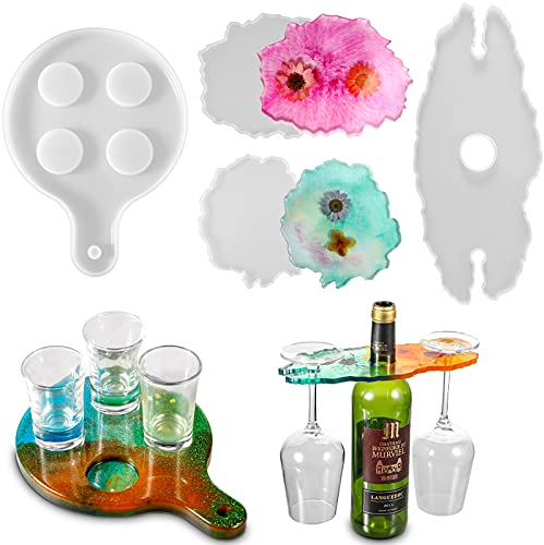 Geiserailie 4 Pieces Wine Glass Holder Resin Mould Serving Tray Epoxy Mould Shot Wine Rack Silicone Mould Beer Paddle Holder Moulds with Coaster Casting Moulds for DIY Handmade Agate Home Decorations