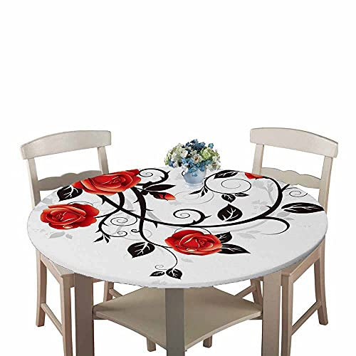 Chickw1 Tischdecke Runde Wasserdicht Abwaschbar Blumenmuster Tischschoner Elastische Kante, Tischtuch aus Polyester für Küche, Esszimmer, Garten, Balkon (Rose,100cm)