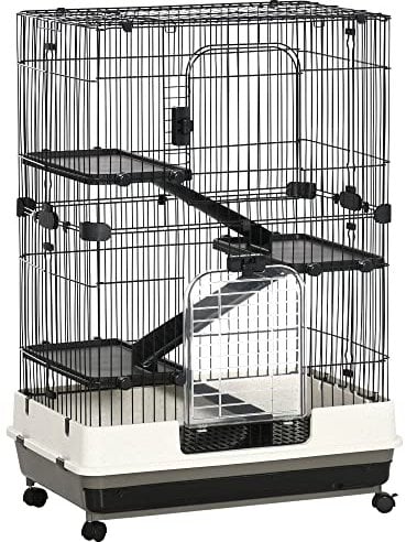 PawHut Cage pour Petits Animaux roulante 3 Plates-Formes démontables 3 rampes Plateau inférieur Amovible métal PP 81,2 x 52,7 x 114 cm Noir