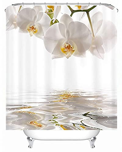 ZZDXW Rideau de Douche 180x180 Eau D'Orchidée Blanche Rideaux de Douche Original Lavable en Machine Rideau Douche Tissu Polyester 12 Crochets Antirouille Anti Moisissure Imperméable
