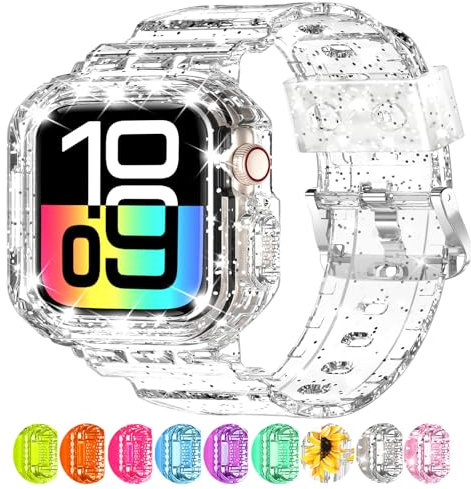 XYF Compatible for Crystal Clear Apple Watch Bands, 45mm 44mm 42mm Bumper Case for Men Women Jelly Sport Cover Strap for iWatch Ultra 2/1 Series 10 9 8 7 SE 6 5 4 3 2 1 (GlitterClear, 42/44/45)