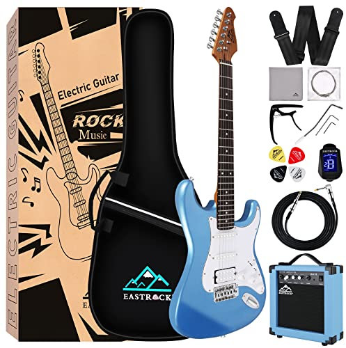 Eastrock 39 inch Full-Size Electric Guitar Kit for Junior Beginners, Starter Electric Guitar with 10w Amplifier Bag Capo Shoulder Strap String (39 Right Handed, Haze Blue)