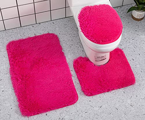 YUMIYU Ensemble 3 Pièces Tapis de Bain Doux Rose Rouge - Couvercle de Toilette, Contour WC et Tapis Douche