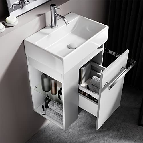 BRIDGE BENO Mueble de baño colgante de 50 cm con fregadero de cerámica para espacio pequeño, con cajón de cierre amortiguado y asa de toallero de acero inoxidable (blanco mate)