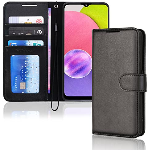TECHGEAR Leather Wallet Case for Xiaomi Redmi A1, Flip Protective Case Cover with Wallet Card Holder, Stand & Wrist Strap - Black PU Leather with Magnetic Closure