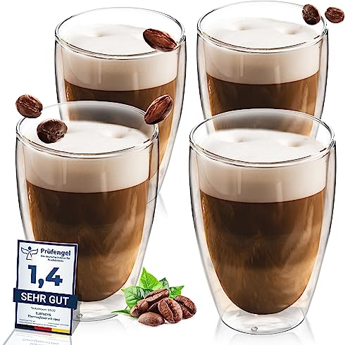 ElbFuchs® Tazas de cristal (4x 350ml) pared doble | Para café con leche, té o capuchino | Regalo original para mujer, madre, boda o cumpleaños