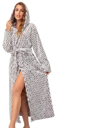 RONGTAI Langer Damen-Bademantel aus Plüsch-Fleece, dick, mit Kapuze, mit Taschen, flauschige Nachtwäsche für Herren