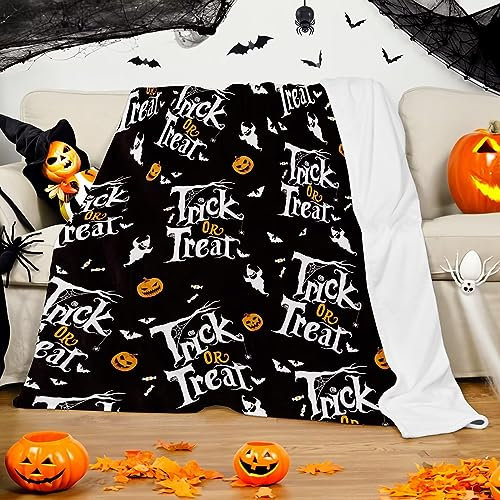 KEPMOV Halloween Kuscheldecke, Trick or Treat Decke Bedruckt mit Kürbis Geister Fledermäuse für Kinder, Flanell Halloween Decke für Sofa, Halloween, 130 x 150 cm