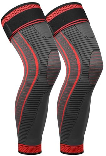 Ruilala Ginocchiera Lunga 2 pezzi Supporto per Ginocchio da Uomo e Donna Fascia a Compressione Tutore Ginocchio per sportivo, corsa, menisco, artrosi, tendinite, legamenti, rotuleo (rosso, S)
