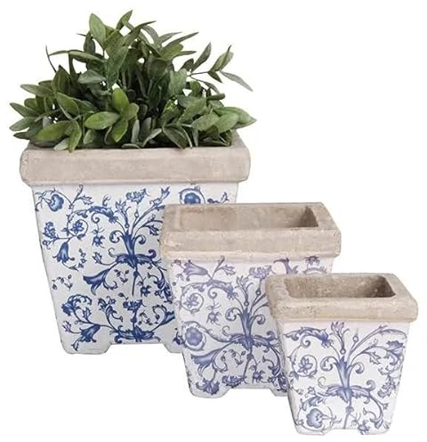 Home Deco London Aged Glazed Ceramic Blue & White Pattern Garden Collection Rustic (Set of 3 Ceramic Pots)