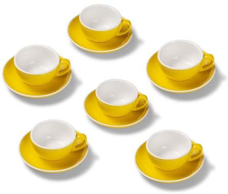 Terra Home 6er Cappuccino-Tassen Set - Gelb, 200 ml, Glossy, Porzellan, Dickwandig, Spülmaschinenfest, italienisches Design - Kaffee-Tassen Set mit Untertassen