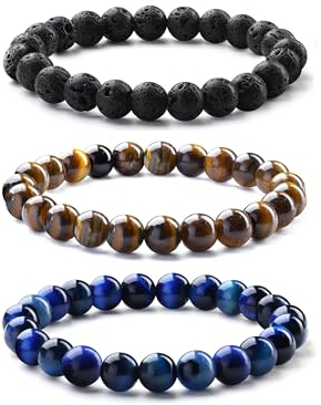 Chriscoco 8MM Perlenarmband Herren - Handgefertigtes Naturstein Armband Mit Tigerauge Und Lavastein - Elastische Armbänder
