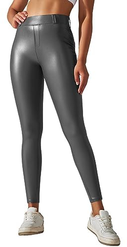 callmo Glanz Leggings Damen Leggings Silber Metallic Damen Glänzende Flüssigkeit Metallisch High Waist Dehnbar Leggings Lack Leder Sportlegging Schmale Passform Karnevalskostüme Glitzer Outfit Damen