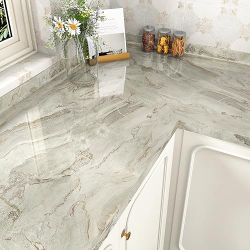 HotDecor Beige Gold Marble Wallpaper Worktop Vinyl Covering Furniture Vinyl Wrap for Kitchen Cupboards Cream Marble Effect Self Adhesive Wallpaper Washable Kitchen Wallpapers 60cm X 300cm