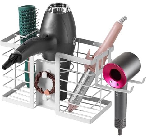YUET Hair Dryer Holder Hairdryer Straightener Station, Wall Mounted/Self Adhesive Shelf Bracket Stand Hanger Organizer Blow Storage Cable Tidy Rack,For Dyson Supersonic Dressing Table Bathroom White