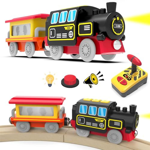 LiRiQi Holzeisenbahn Zug Ferngesteuertes, Eisenbahn Elektrische Lok Kinder, Batteriebetriebenes Zugset mit Licht und Sound, Lokomotivzug kompatibel mit Thomas, Brio, Spielzeugauto für Junge Mädchen