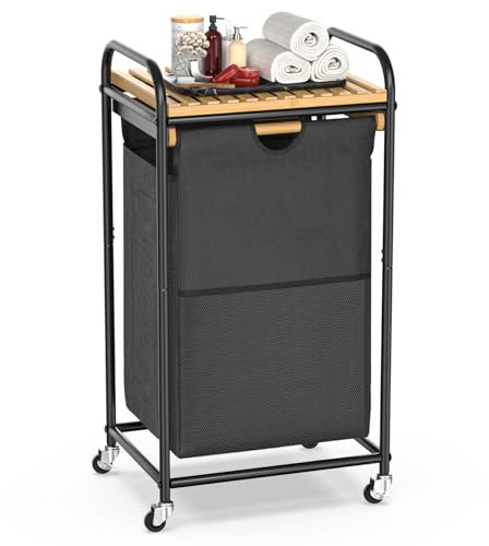 BambooHomie Wäschekörbe 1 Abschnitt, Wäschesortierer mit herausnehmbarem Regal und herausziehbaren Taschen, Wäschekörbe mit Rollwagenkorb für Waschküche Badezimmer, 50 L (Schwarz)