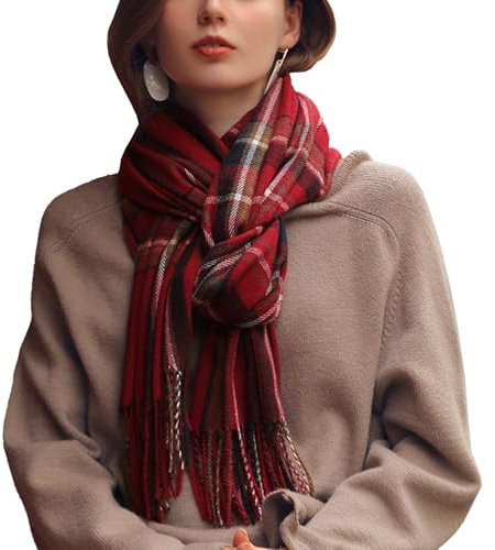 Rayson Schal für Damen Winter Warm Cape Wendbar Kariert Verdickt Mittellange Elegante Stola mit Quasten(Rot,Einheitsgröße)