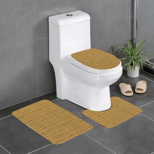 AELKSP Set de Tapis de Bain 3 Pièces,Branche Rush Rotin Canne Beige Paille Rotang Osier Bambou Motif Design,Ensemble Tapis Salle de Bain Extra Longs et Tapis Toilette WC Contour Absorbant