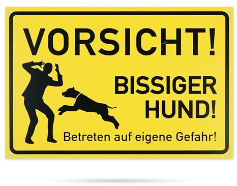 Warnschild VORSICHT! BISSIGER HUND! Betreten auf eigene Gefahr!, 1 Stück, 30 x 20 cm, 2,7 mm PVC Schild mit Bohrlöchern, Achtung Hund Schild, Zweibeiner Tor Hinweisschild, gefährliche Hunderasse