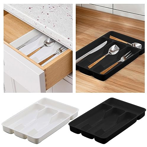 BFYSFBAIG Small Cutlery Tray, Drawer Organiser with 4 Compartments, Plastic Kitchen Drawer Insert, Practical Drawer Organiser for Kitchen Accessories, Utensils and Cutlery (White)
