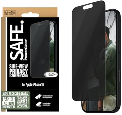 SAFE BY PANZERGLASS® Privatsphäre Schutzfolie für iPhone 16-60% recyceltes Glas, schmutzabweisende Beschichtung - mit Montagehilfe für einfache Installation, Panzerglas Schutzfolie für iPhone 16