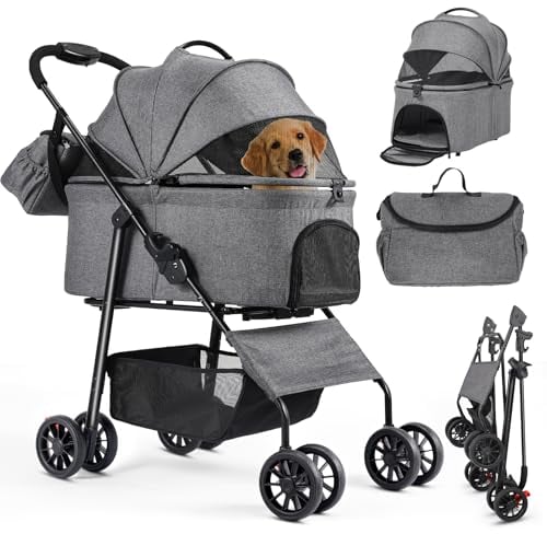 MAMIZO Hundewagen 3 in1,Hundebuggy Bis 30kg,4 Paar 360°Doppelräder,Hunde Wagen mit einer Umhängetasche geliefert,Hundewagen Klappbar für Kleine/Mittlere Hunde und Katzen,Haustiernest,Leinenstoff(Grau)