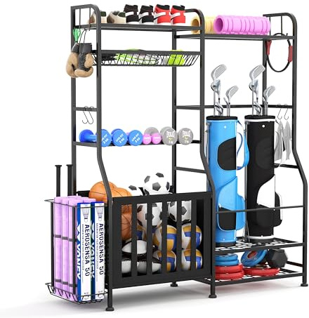 Flrrtenv Ball Storage Rack, Garage Sport Equipment Organizer, Ball Storage Cart with Hook,Steel Sport Rack for Basketball, Football, Golf, Toys, Dumbbells, Mental All-in-One Yoga Mat Holder, Black