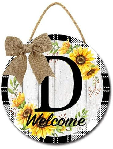 Geroclonup Cartello di benvenuto con girasole per porta d'ingresso, monogramma, lettera D, ghirlande, 30 cm, rustico, rotondo, in legno, con cognome, per portico, regali di inaugurazione della casa