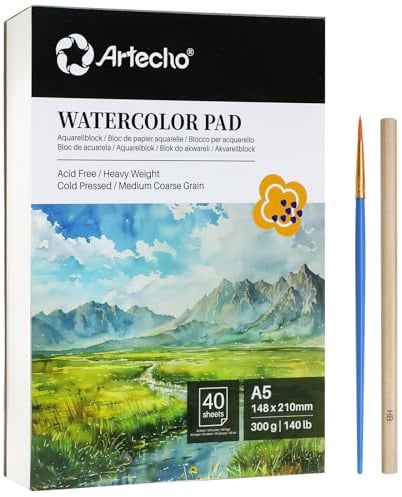 Artecho Watercolour Paper A5 Pad 40 Sheets with Watercolour Brush and Pencil, Water Colour Paper 300gsm, Art Paper Pad, Watercolour Sketchbook for Painting, Drawing, Sketching and Mixed Media
