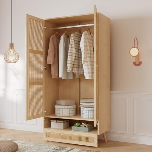 Mielvu Armadio con asta, armadio a 2 porte, camera da letto, rete in rattan, soggiorno, con coperchio flip top inferiore, truciolare+rattan PE, natura