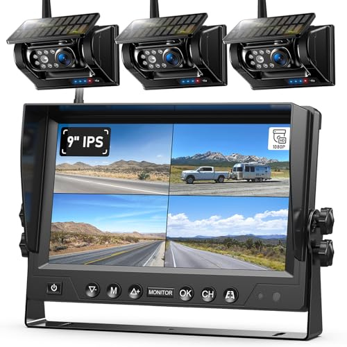 3 Magnetische Solar Rückfahrkamera Kabellos 9 Zoll 1080P HD Monitor | 9600mAh Akku, 1 Min Installation, IP69K Wasserdicht Rückfahrkamera Funk für Anhänger, Wohnmobile und LKWs