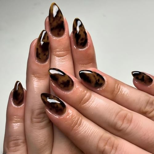 SXVME Fall Press on Nails with Leopard Design, Dark Brown False Nails Almond Medium, Cheetah Marble Pattern Full Cover Coffee Fake Nails Press ons Stiletto for Women 24 Pcs