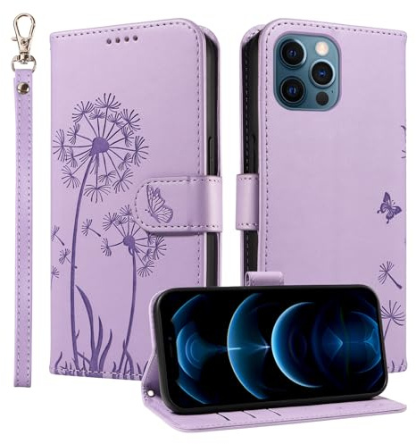 Trugox Wallet Case for Apple iPhone 12 / iPhone 12 Pro Phone Case Leather Dandelion with Credit Card Holder Purse Kickstand Folio Book Folding Flip Case Cover Women Shockproof - Lilac